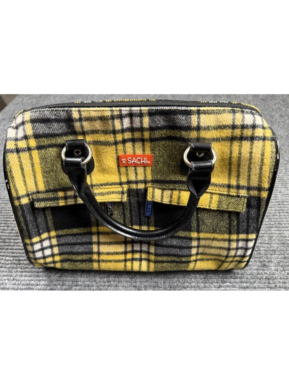 SACHI Plaid Insulated Lunch Tote Cooler Bag Yellow Black Thermal Handbag